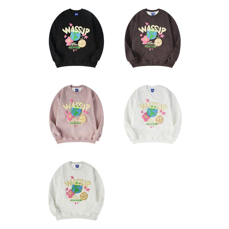 Wassup Heods Foam Stereo Letter Sweatshirt Men's Autumn and Winter Fleece-Lined Versatile Casual Round Neck Top for Couples