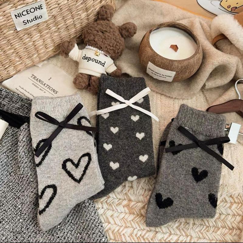 Gray Love Bow Wool Socks Children'S Medium Tube Socks Season Fleece Thickened Warm Cashmere Winter Stockings