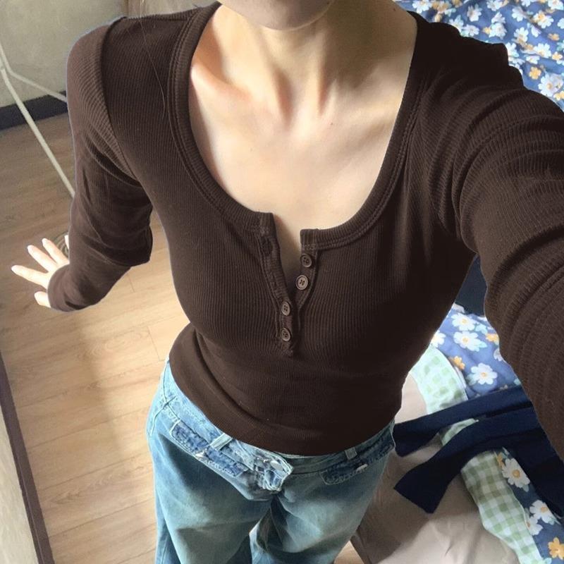

U-neck Front Shoulder Long-sleeved T-shirt Women s Spring and Autumn New Solid Color Simple and Versatile Bottoming Shirt Top S білий