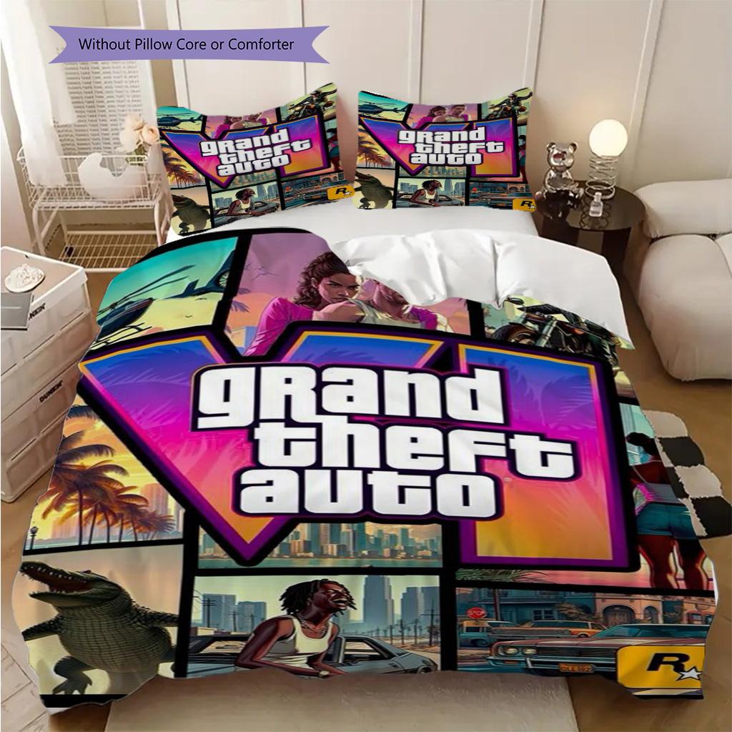 Vibrant Collage Grand Theft Auto V Characters Bedding (1 * Duvet Cover + 2 * Pillowcase, Without Core) 2D Flat Christmas Birthday Gift Bedding Set