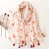 Spring Summer Pink Floral Tassel Scarf - Cotton Linen Blend Shawl for Women