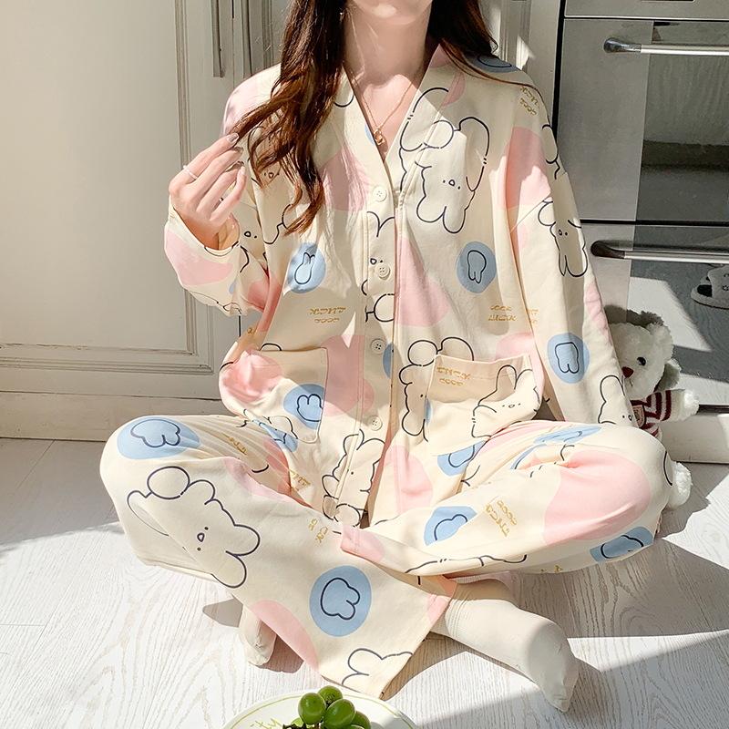 Girls' Cotton Kimono Pajama Set - Long-Sleeve Cardigan & Trousers with Cute Cartoon Design for Spring and Autumn