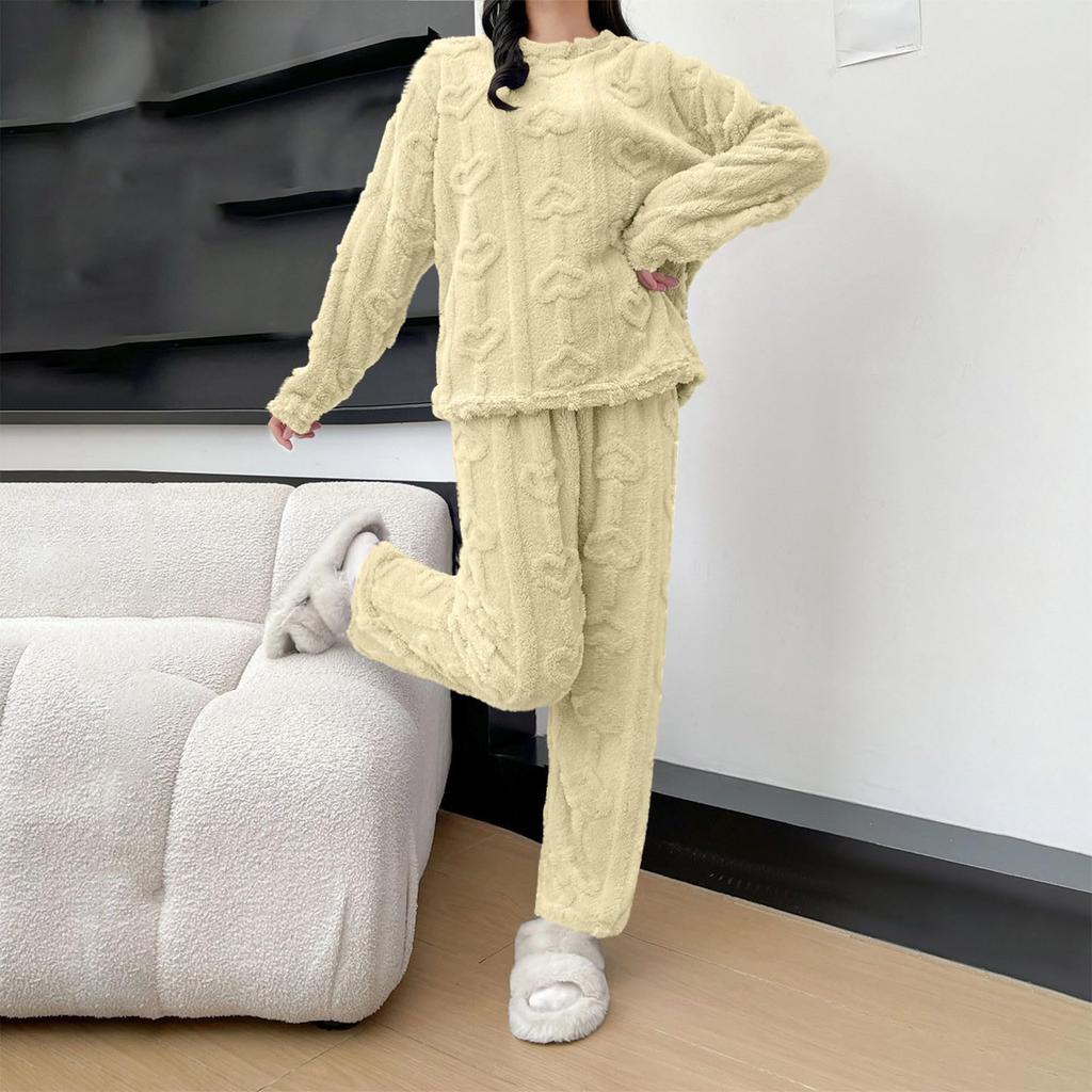 Ladies' Fashionable Warm Top Casual Cotton Pants Home Solid Color Pajamas Set