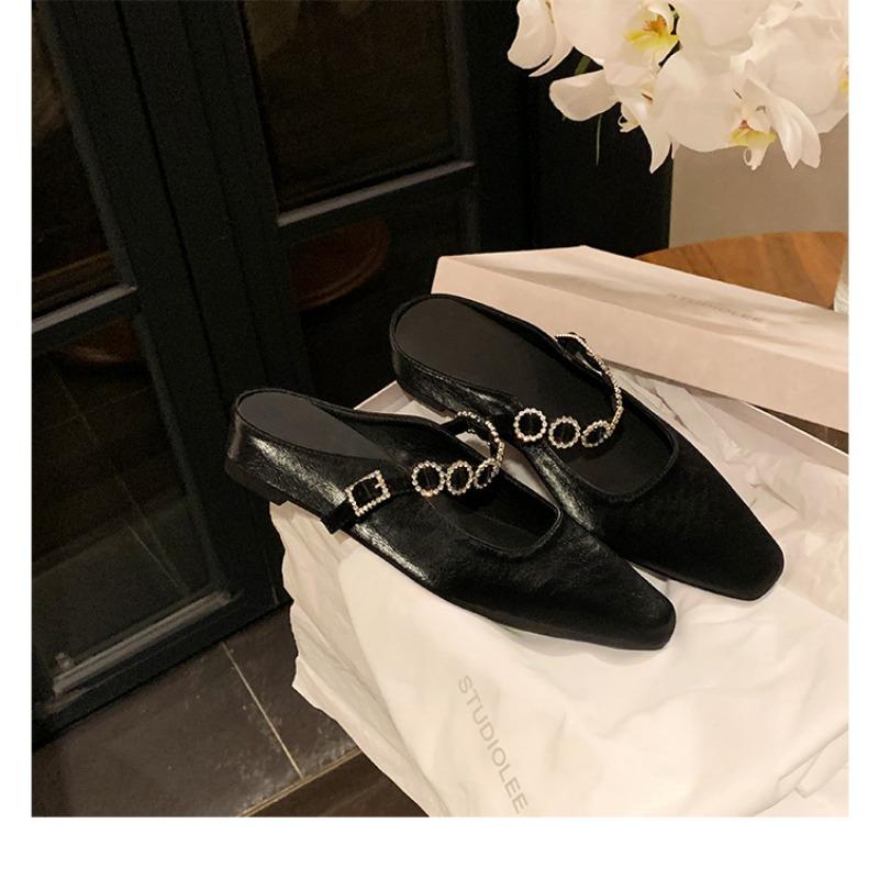 

Nei Zeng~ Leather silver thick-bottomed bag head slippers women s rhinestone word with slope heel sandals half slippers 40