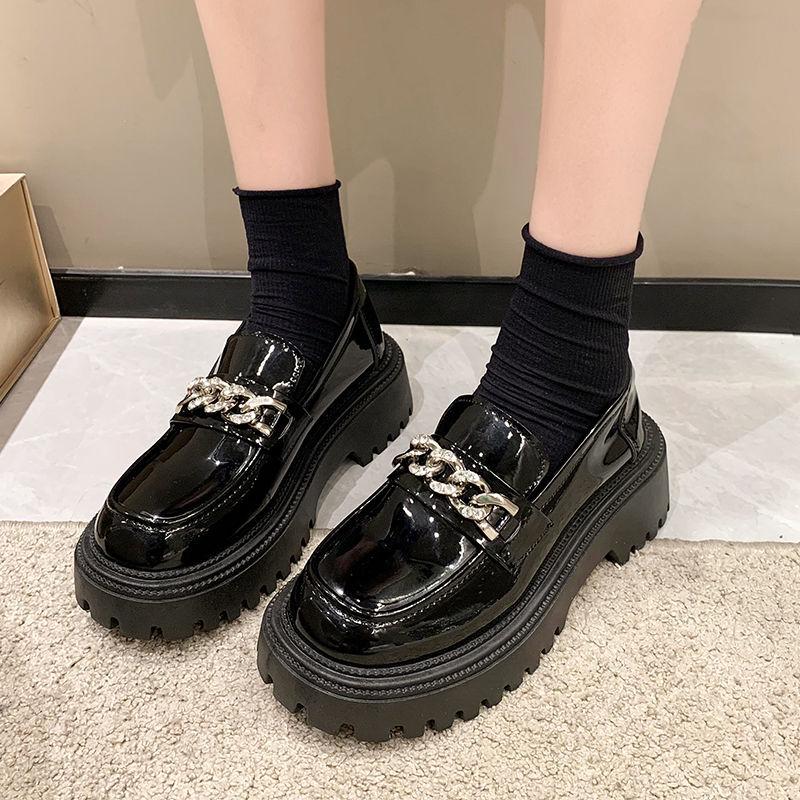 

Women s Black Leather Loafers - British Style, Thick Sole, Non-Slip, Versatile Slip-On Shoes for Spring & Autumn Size 35