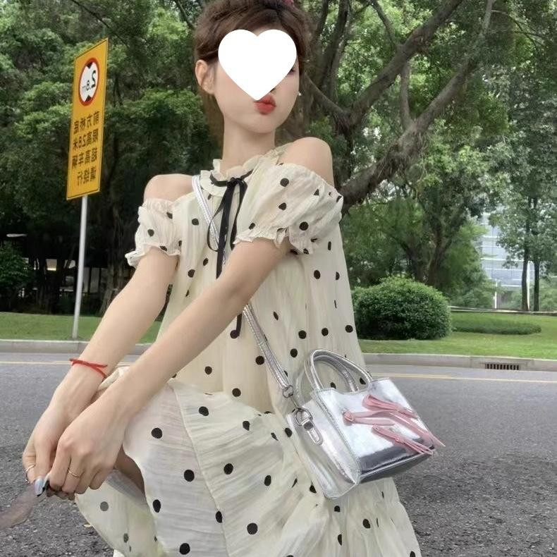 French Sweet Off-the-shoulder Polka Dot Dress Women's Summer New Small Temperament Fluffy Short Skirt Doll Skirt