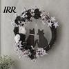 Black Cat Wreath with Lights Halloween Floral Garland, String Lights, Silhouette Garland Wreath, for Front Door Indoor Outdoor Wall Decor