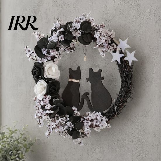 Black Cat Wreath with Lights Halloween Floral Garland, String Lights, Silhouette Garland Wreath, for Front Door Indoor Outdoor Wall Decor