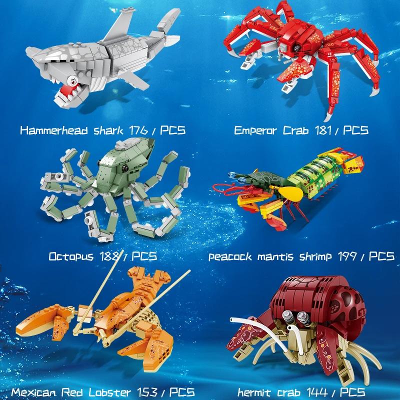Sea World Bausteinspielzeug Hai Hummer Wasserlebewesen DIY Zusammengebautes Bausteinspielzeug Kreatives Weihnachtsgeschenk für Kinder
