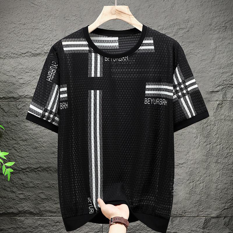 Men's Plus Size Hollow Out Striped T-Shirt Summer Lightweight Oversized Bamboo Fiber Big Tall 5XL-12XL
