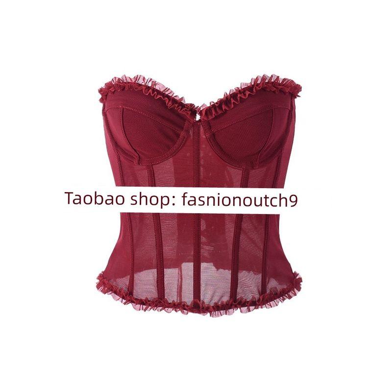 

2025 Сексуальный топ без бретелек с прозрачной грудью Burgundy XL