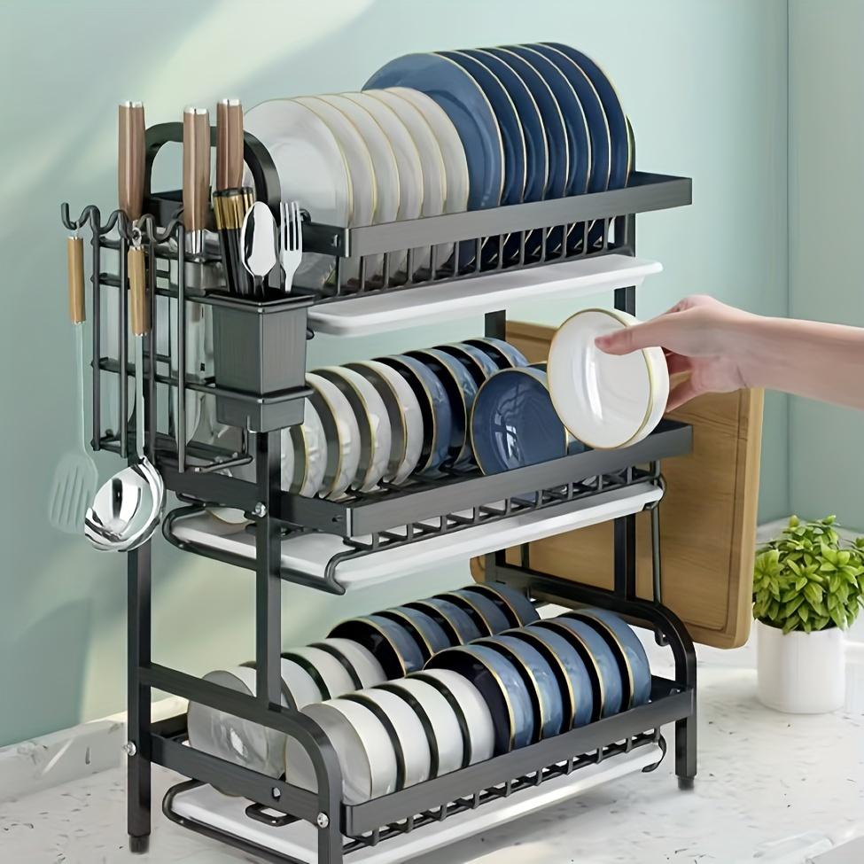 1 Set Carbon Steel 3-Tier Bowl Dish Rack, with Drying Tray, Large Capacity, for Kitchen Storage, Holding Plates, Bowls, Utensils and Cutting Board