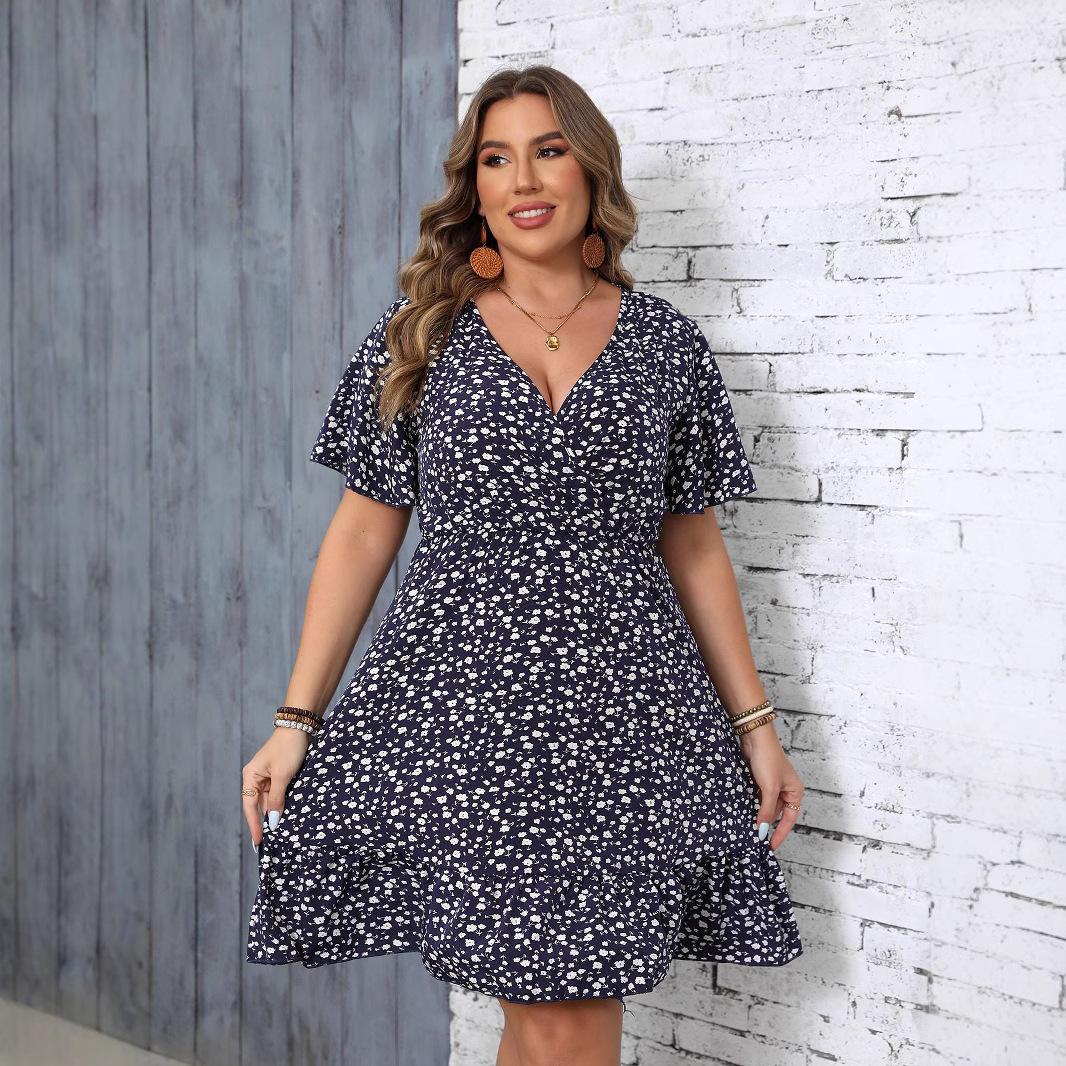 

Плюс Размер Женское Летнее Цветочное Модное Платье с V-образным Вырезом и Короткими Рукавами 4XL