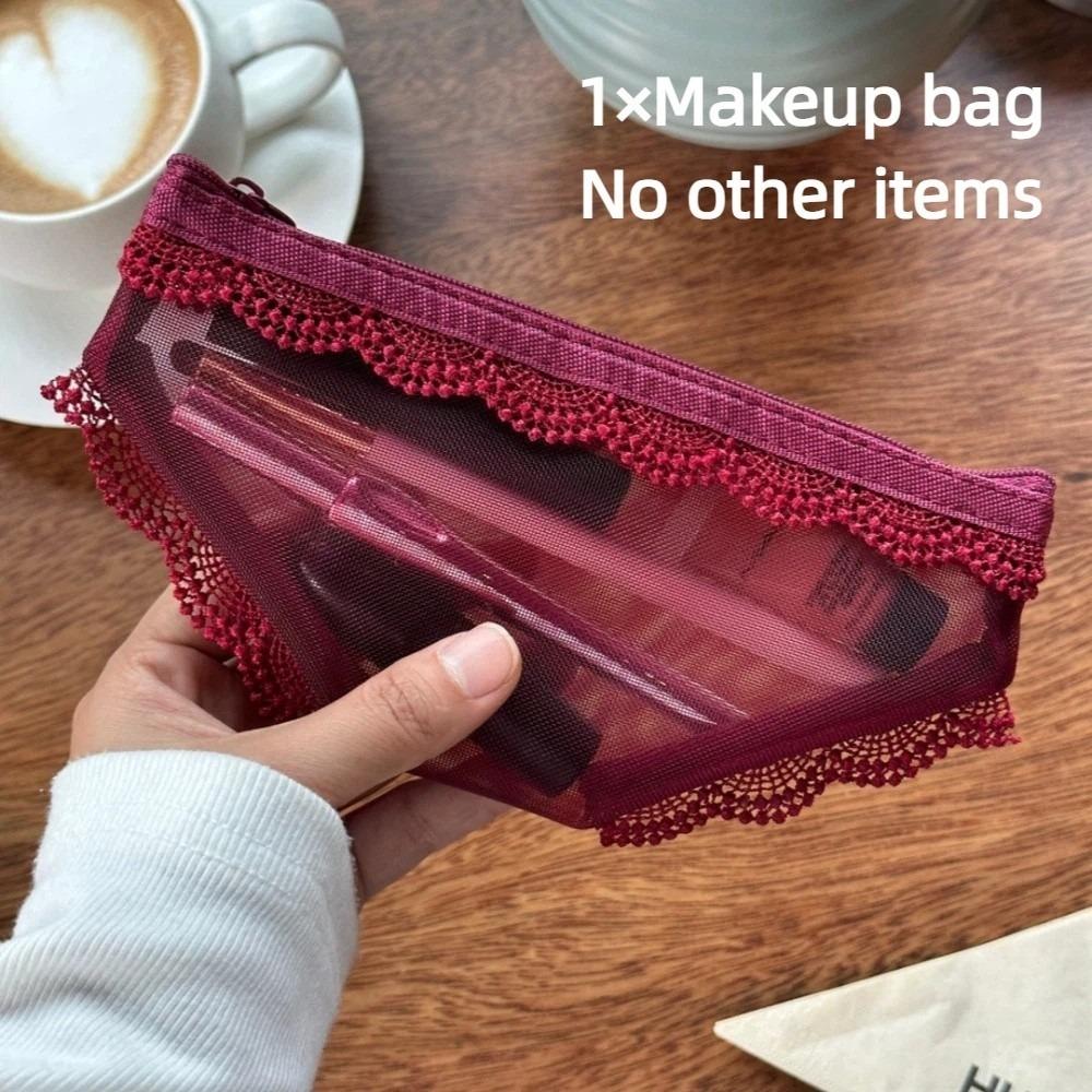 Unique Briefs Shape Cosmetic Bag Lace Heart Mesh Makeup Storage Pouch Y2K Transparent Toiletry Bag Storage for Travel