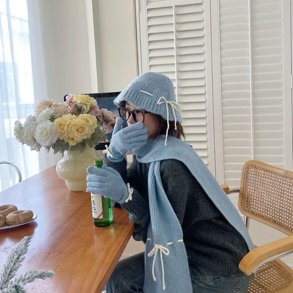 Cute Bow Drawstring Hat Warm Winter Gloves Cartoon Wool Bowknot Scarf  Outdoor