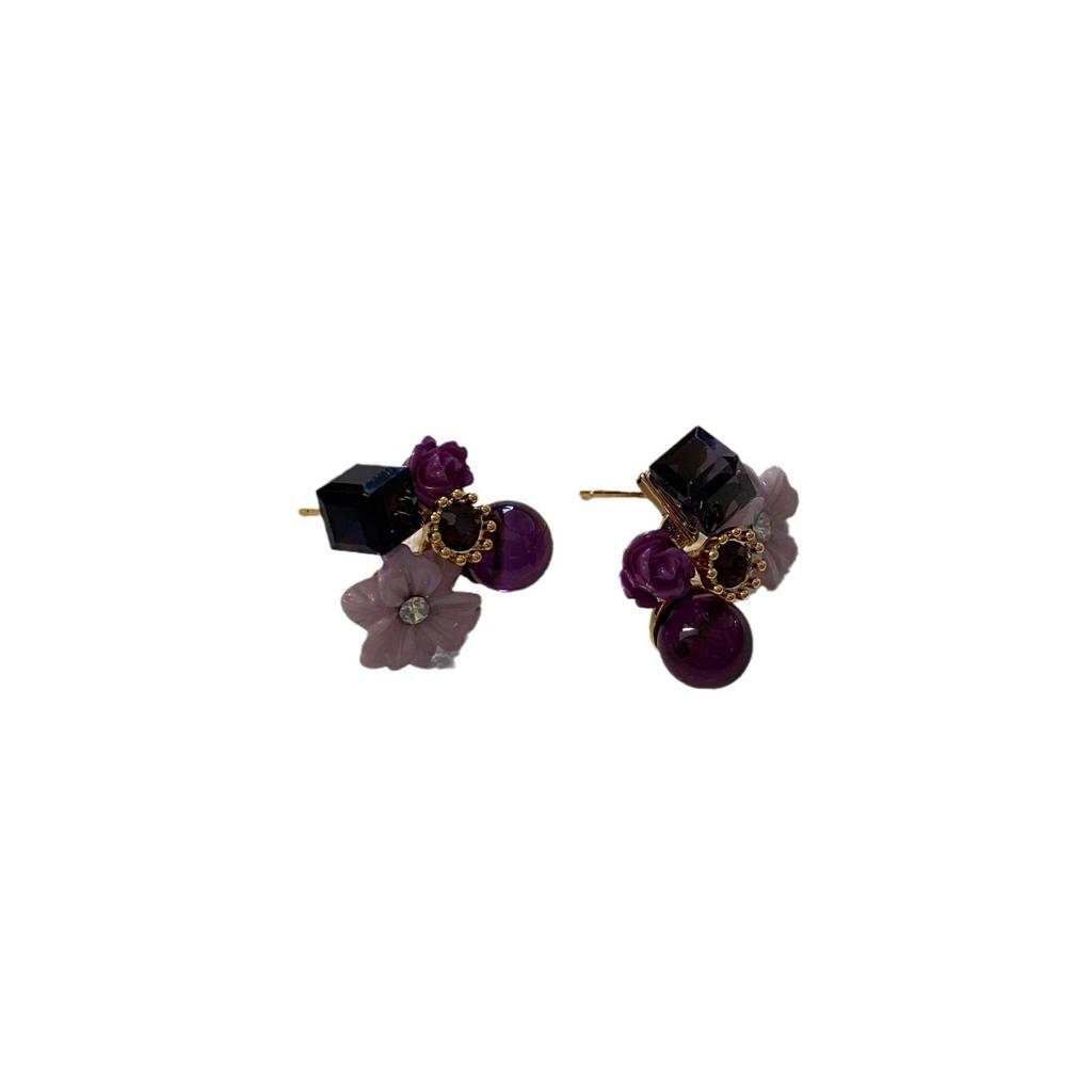 Resin Oil Painting Style Advanced Sense Light Luxury Temperament Stud Earrings Retro Maple Rhyme Purple Flower Zircon Versatile Earrings