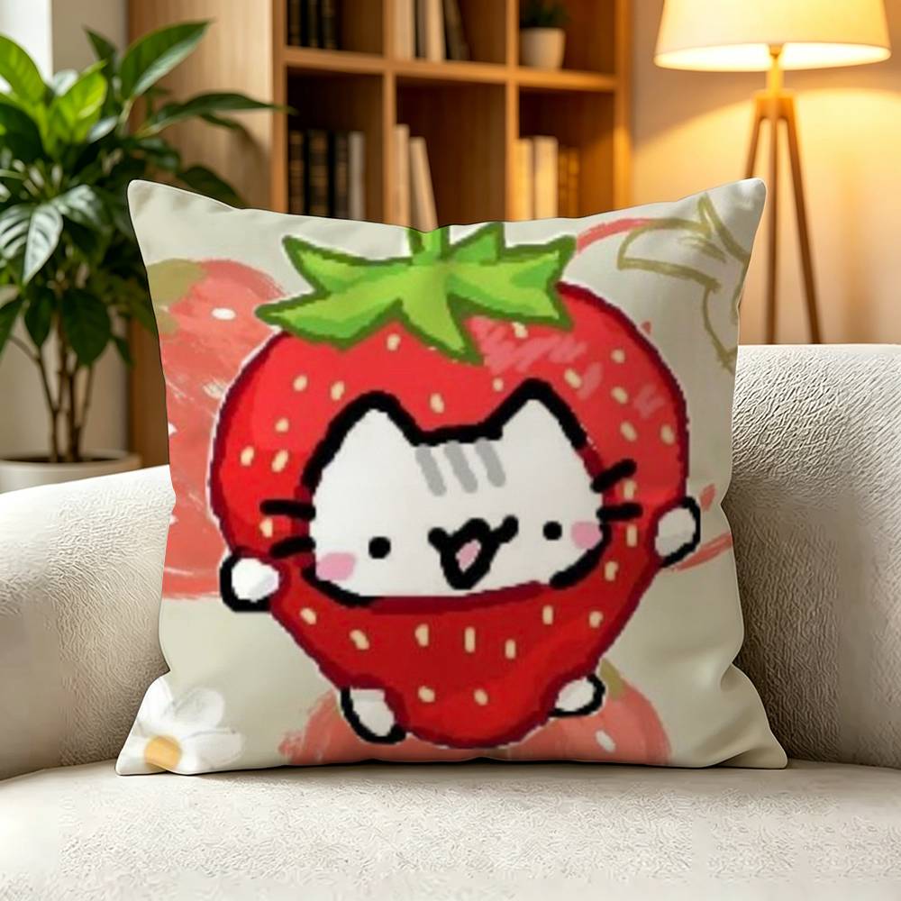 C-Cute Strawberry Cat Square Double-Sided printed Pillow Case Bedroom Bedside Pillow Sofa Cushion Cover