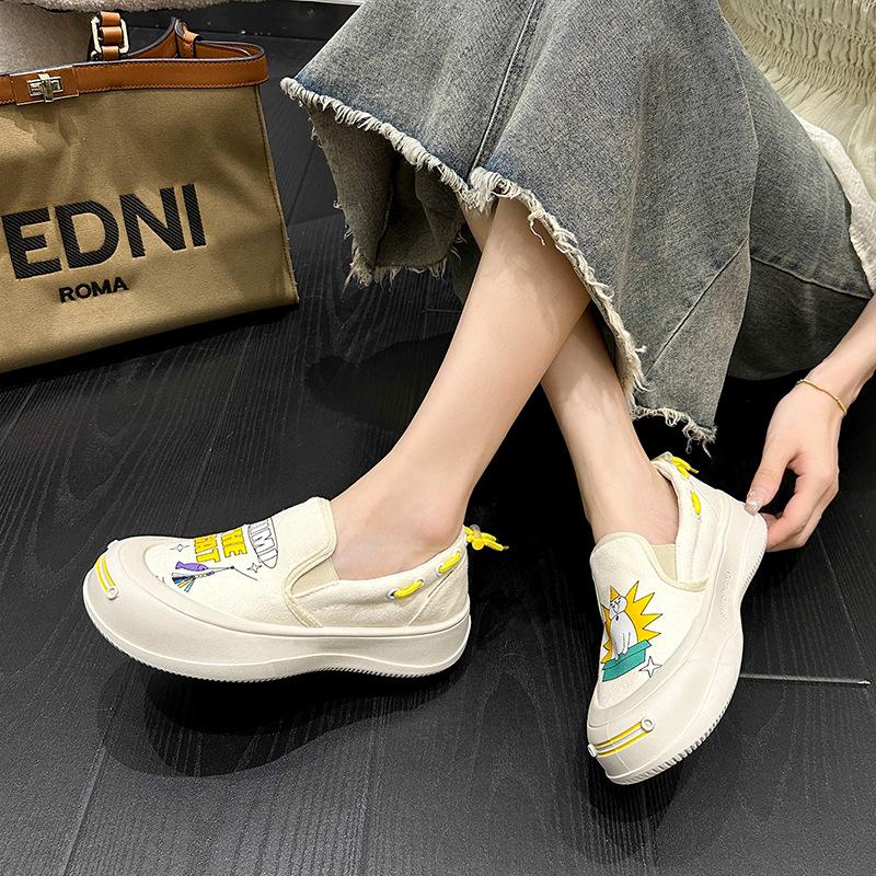 Graffiti pantofi albi mici vară subțiri gură joasă pantofi casual de damă talpă tip brioșă pânză cu un singur pedală pantofi de damă lot
