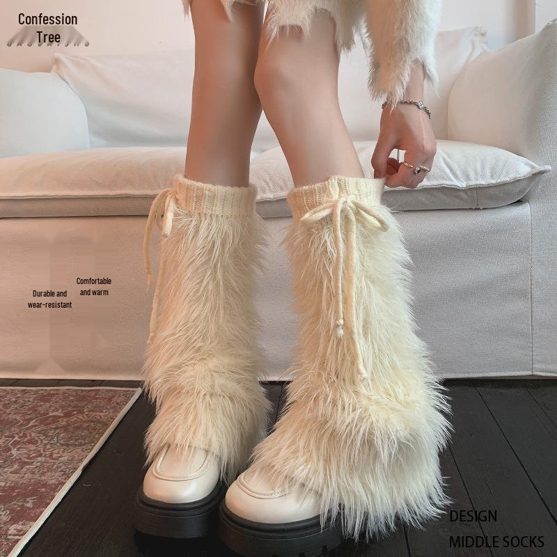 Damen Schnür-Fell-Scrunchy-Beinstulpen - Dick, Plüschig, Y2K-Stil für Herbst/Winter