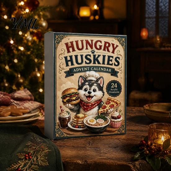 Dog Lover Christmas Gifts Husky Advent Calendar with 24 Foodie Acrylic Ornaments, 2D Flat Tree Decoration, Cute Themed Countdown Box for Home