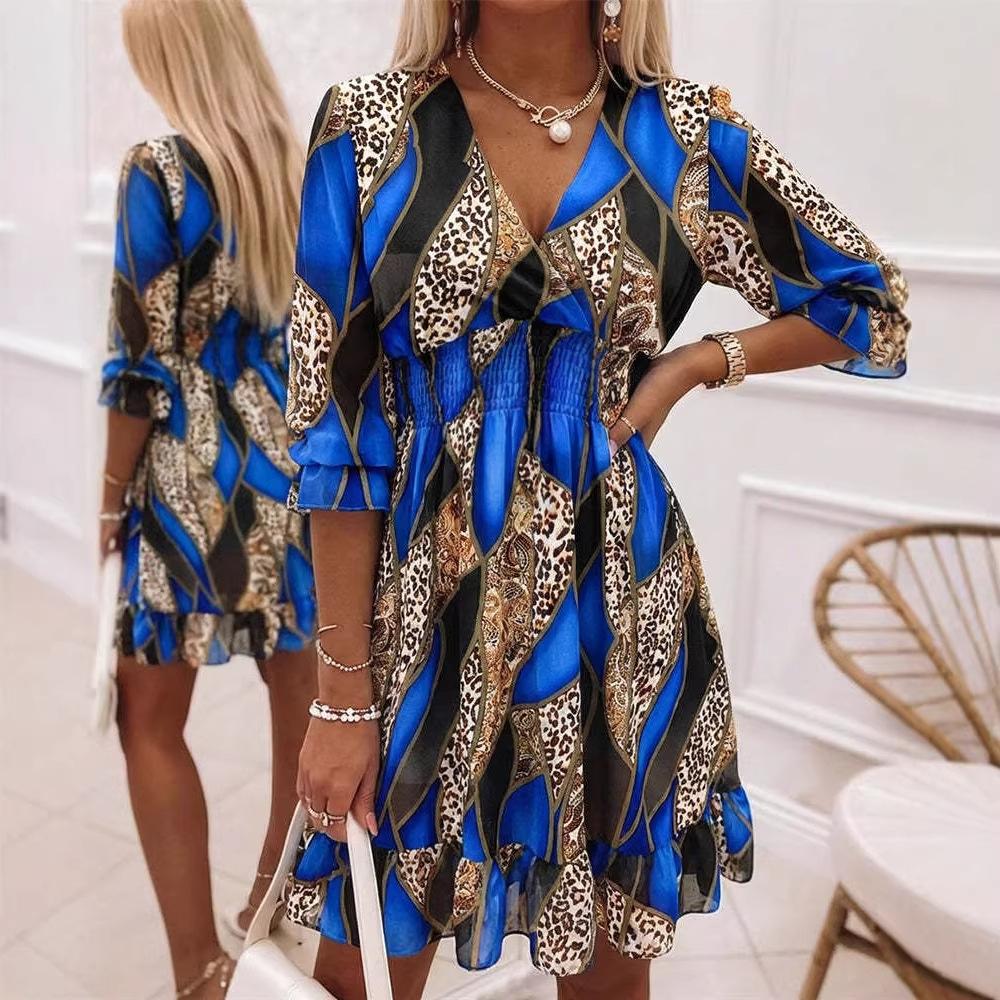 Contrasting splicing laminated V-neck horn sleeve A-word casual waist ruffle edge chiffon dress women S