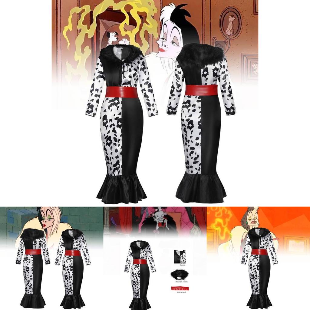 Fantasy-themed Cruella Cosplay Dress With Soft Fabric And Fur Collar
