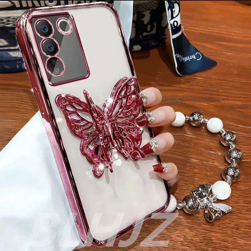 3D Butterfly Phone Holder Bead bracelet Glitter Case for Xiaomi 14T 13T 11T 12T 13 Lite POCO F6 F5 F3 M3 Redmi Note 13 Pro Cover