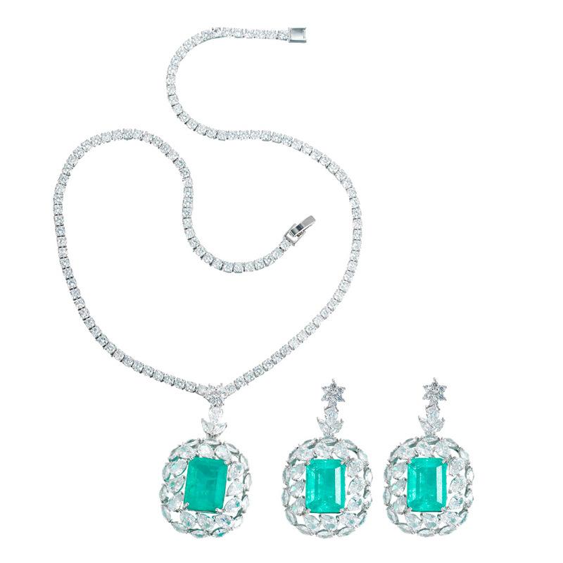 Designer Imitation Paraiba Micro-Inlaid Zircon Necklace Earrings Set Sea Blue Treasure Set Chain