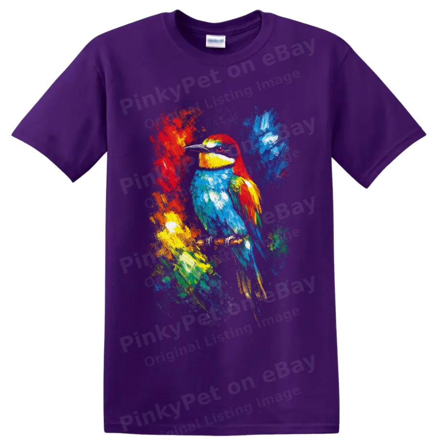 Colorful Bird Paint Splash Art T Shirt W/ Tropical Wildlife Portrait Graphic Tee