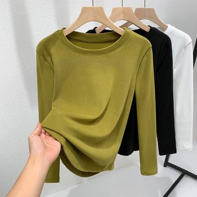 Deutsches Samt-Basisshirt Damen neue Damenbekleidung Vorderseite Schulter Rundhalsausschnitt Langarmshirt Warm innen Taille Verdickt Oberteil