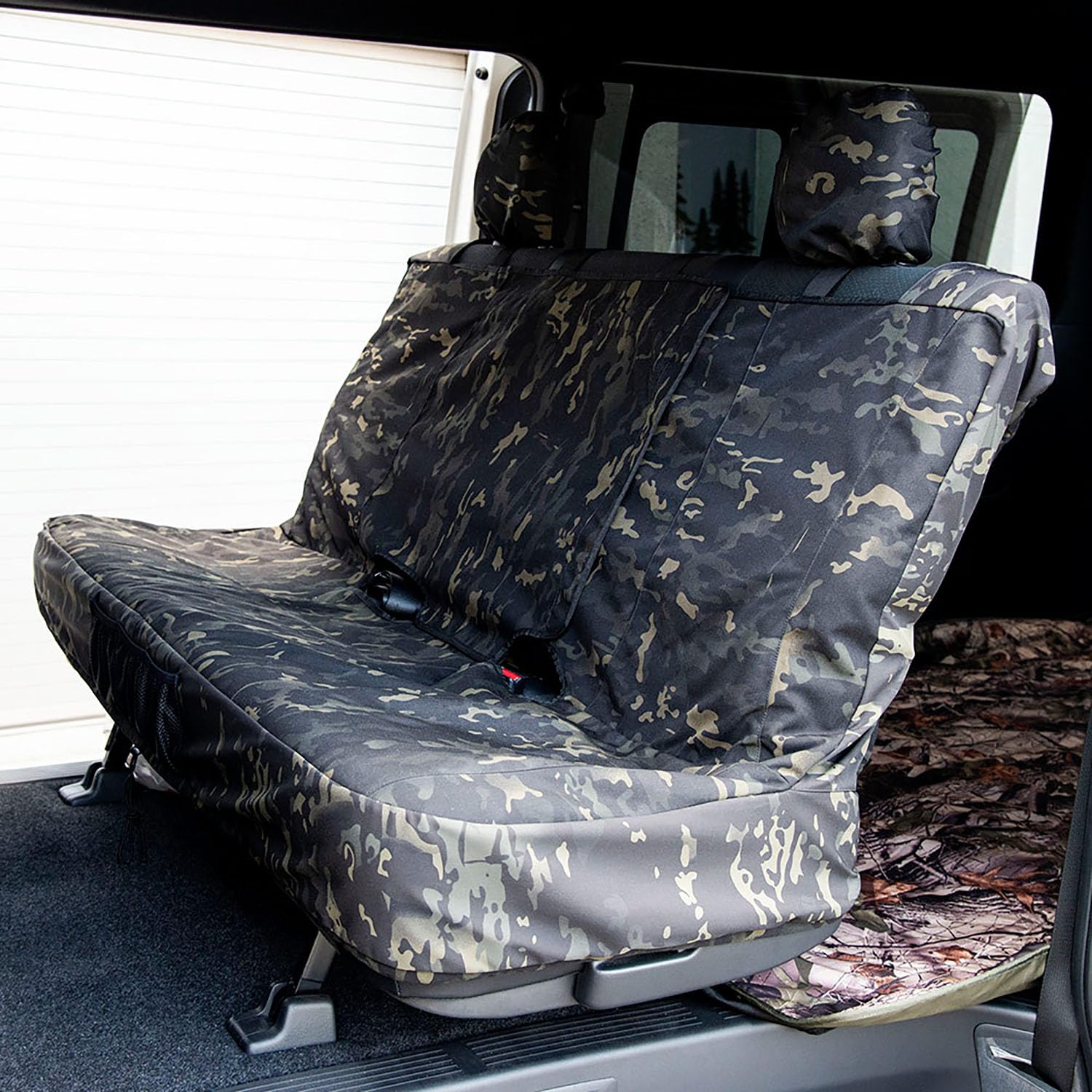 

Oregonian Camper Seat Cover Vehicle Seat Jacket REAR Easy Installation Stretchable Mesh Pocket Machine Washable Black Camo OCB2422BC