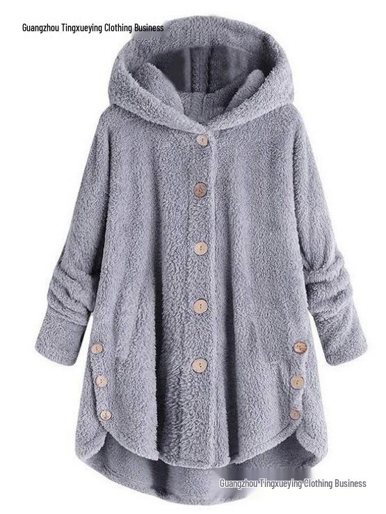 Spring 2026 Women's European-American Plush Button Top, Irregular Solid Color Coat