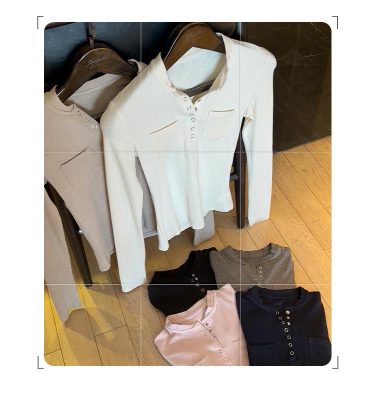 Women's Retro Henley Collar Knit Top - Autumn/Winter 2025, Waist-Cinching, Figure-Flattering, Solid Color.