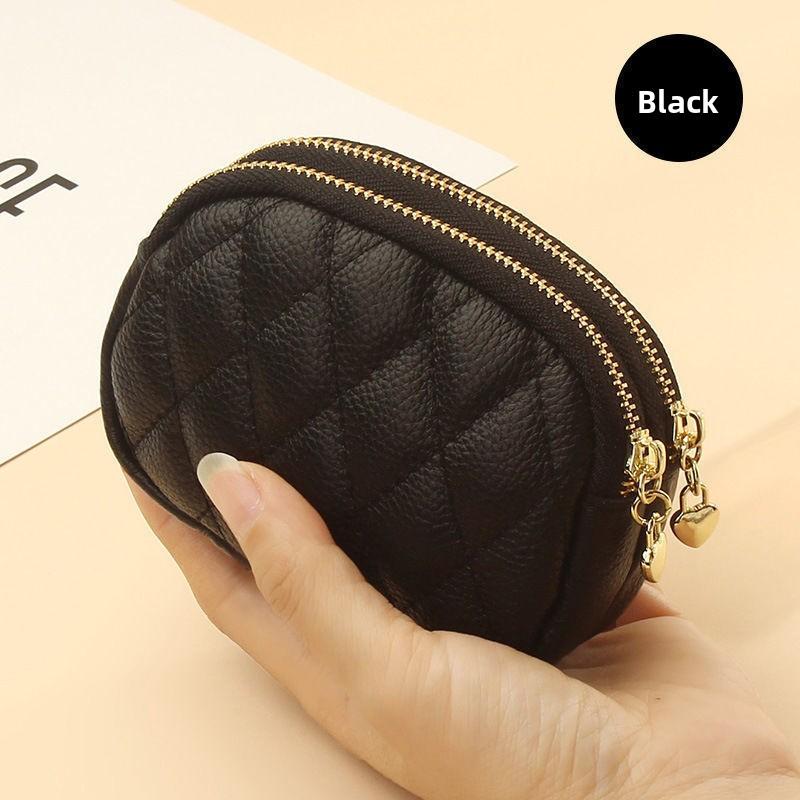 Rhombus Texture Key Ring Coin Bag Double Zipper Leather Small Change Bag Women's Mini Card Holder
