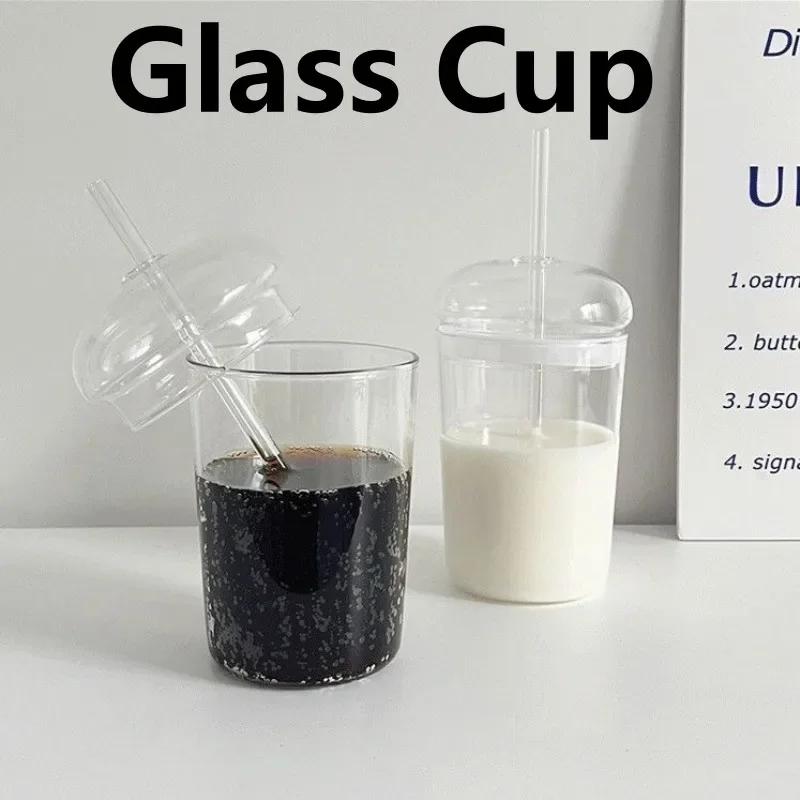 450ML Transparent Glass Iced Coffee Cup Ins Style Clear Glass with Lid and Straw Tea Cup Beer Juice Milk Water Cup Drinkware