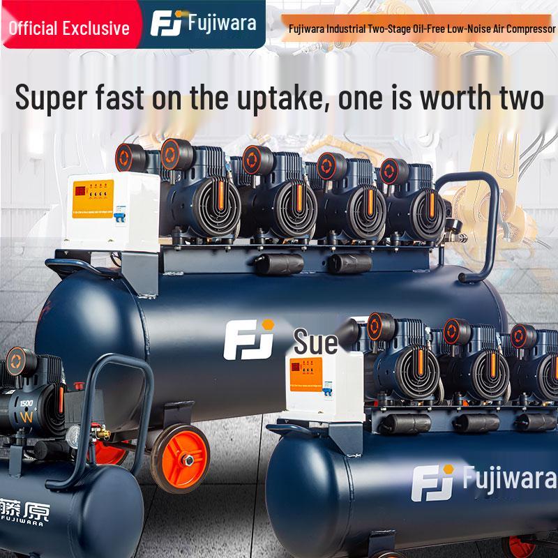 Silent Oil-Free Air Compressor for Woodworking and Auto Repair with High Displacement and Large Pressure Gauge.
