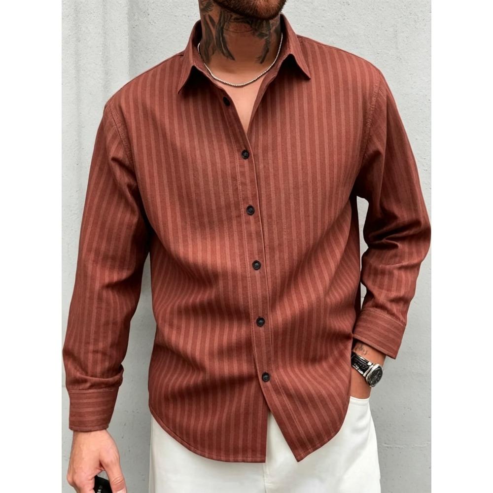 Men's Slim Vertical Striped Long Sleeved Shirt, Loose Collared Casual Shirt, Simple and Versatile Men's Top for Daily Commuting