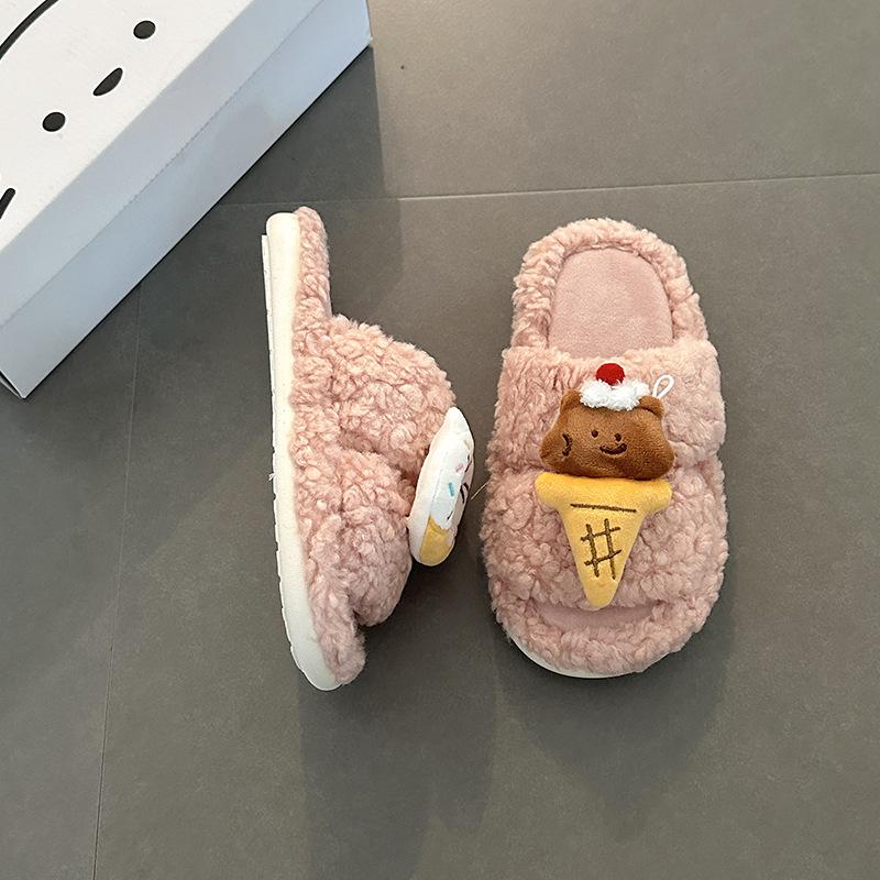 Fashion niche cute cartoon one-word slippers women s season ice cream warm non-slip flat bottom fluffy slippers tide 36-37 3179₽