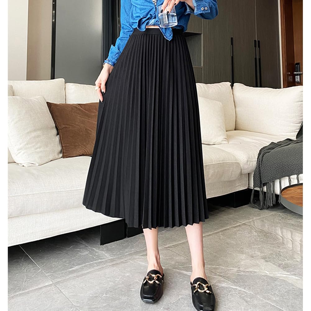 KANO SEIKA Pleated Flared Long Plus Stylish Bottoms for Elastic Perfect for Everyday and Night Solid and Free Black Women's Skirt, Skirt, A-Line,