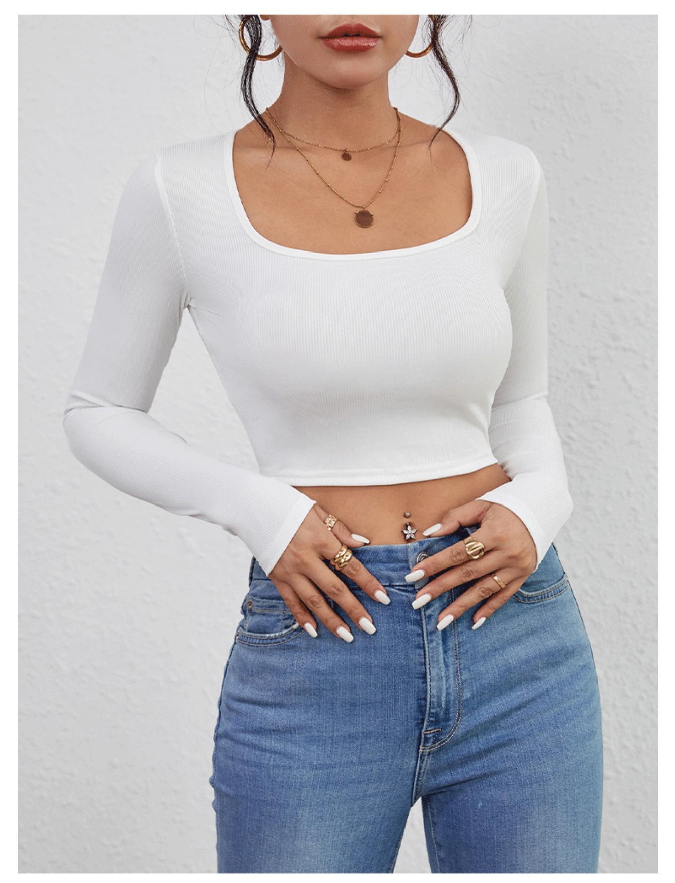 

Футболка с квадратным вырезом, базовый укороченный топ с длинными рукавами, женская футболка в рубчик, повседневная майка, тонкий женский укороченный топ, модная футболка Y2k, уличная одежда M белый