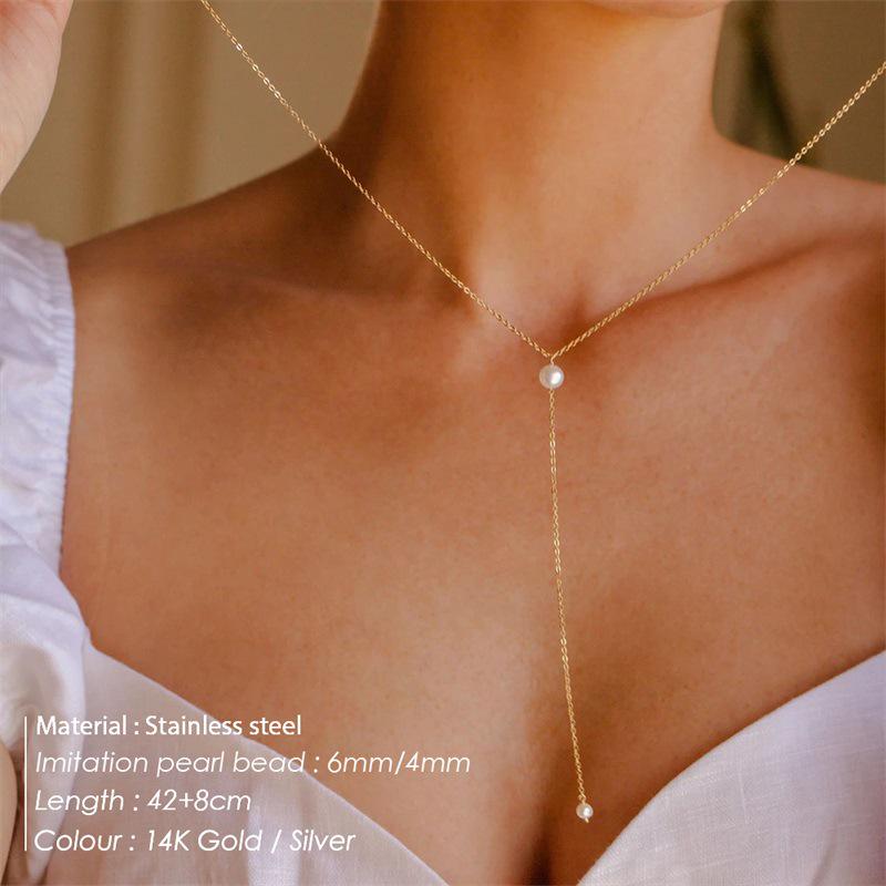Adjustable Faux Pearl 14K Gold Y-Shaped Pendant Necklace - Hypoallergenic Stainless Steel Choker