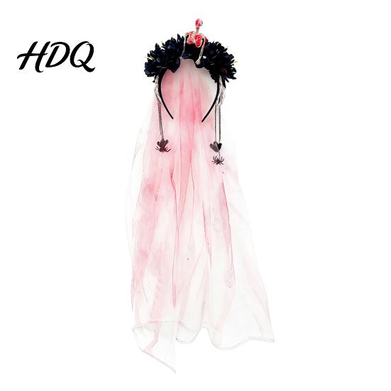 Horror Theme Party Decorations Gothic Flower Headband with Veil Spooky Black Rose Dead Branch Skull Headpiece Masquerade Accessories Day of