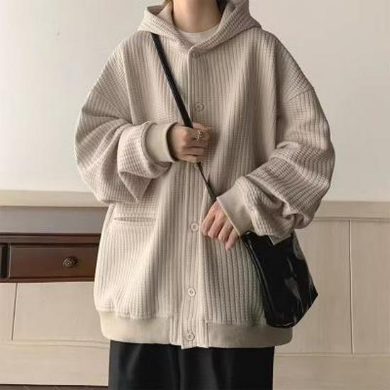 Men's Japanese-Style Waffle Knit Hooded Cardigan 