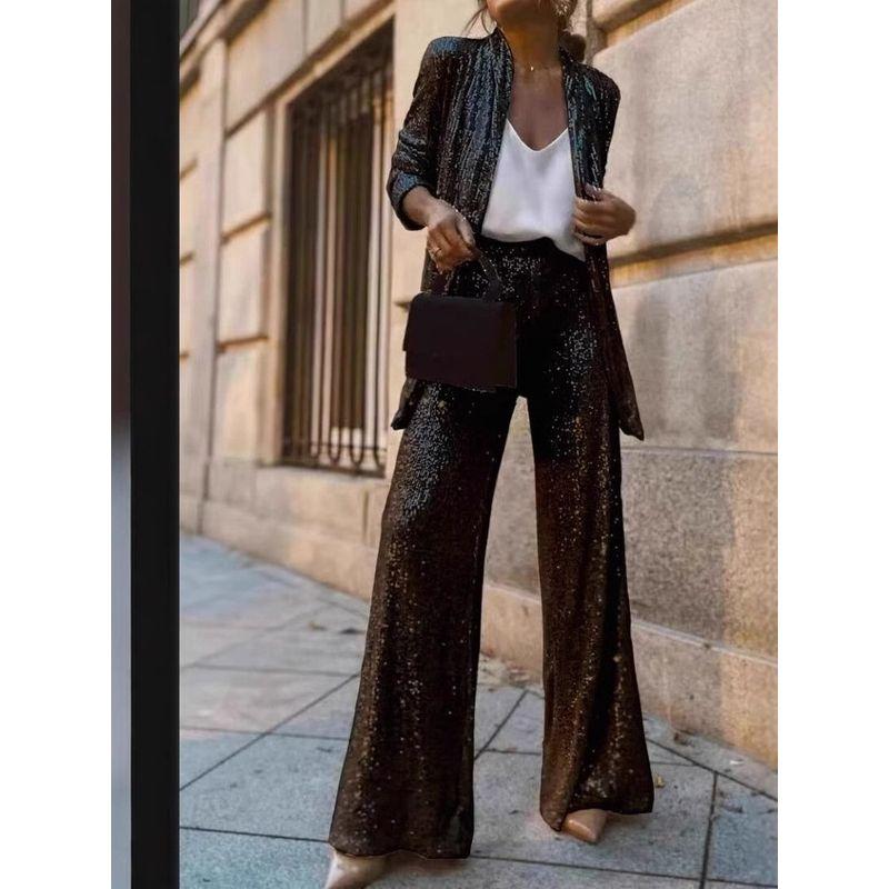2025 Spring New Cross-Border Three-Color Sequin Full Sequined Small Suit High Waist Fashion Casual Straight Pants Two-piece Set Suit