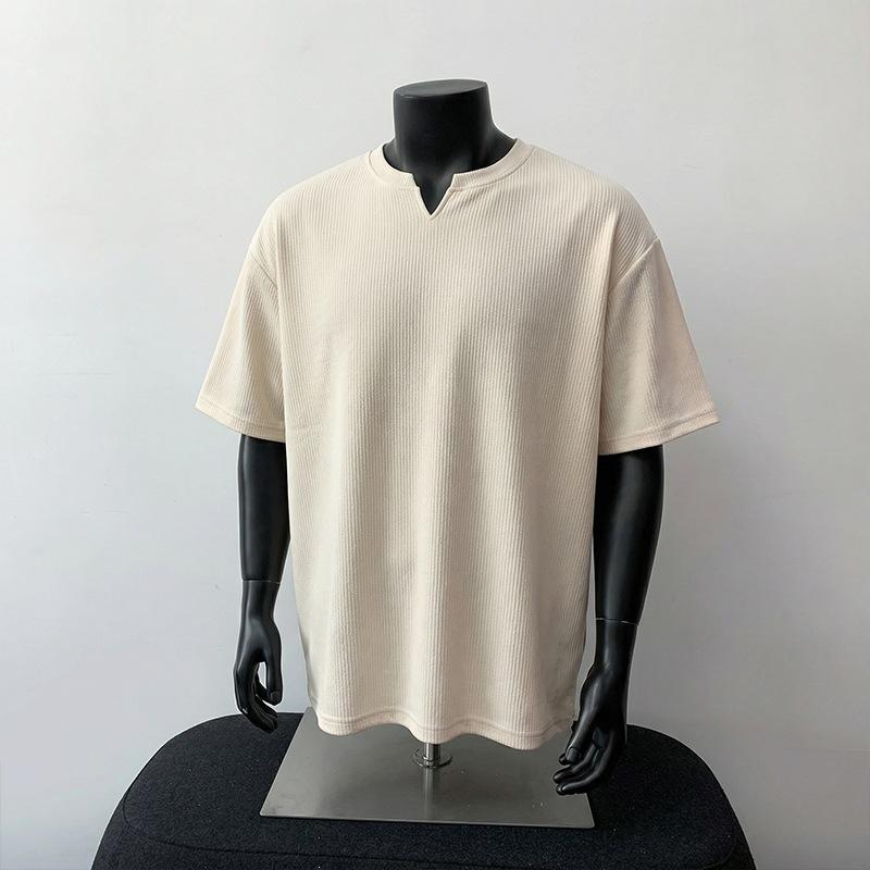 Men Waffle Knit Notch Neck Short Sleeve T Shirt Casual Loose Fit Summer Top