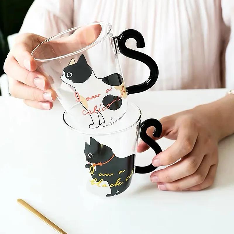 1PCS Cute Cat Glass Juice Coffee Cup Milk Tea Coffee Glass Mug Cat Tail Handle Cat Valentine's Day Lover Gifts Stainless Spoon