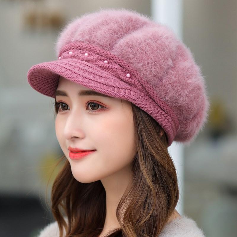 Mother's Hat Women's Autumn and Winter Fashion Versatile Velvet Thickened Ear Protection Warm Hat Rabbit Fur Knitted Wool Beret