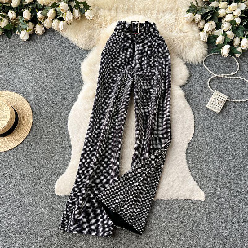 

Ретро Блестящие Брюки Клеш Повседневные Драпированные Горячая Отделка Стразами Grey M