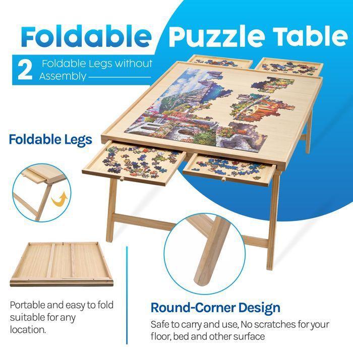Table de puzzle en bois de luxe – 4 tiroirs de rangement, portable 1000-1500 pièces pour adultes