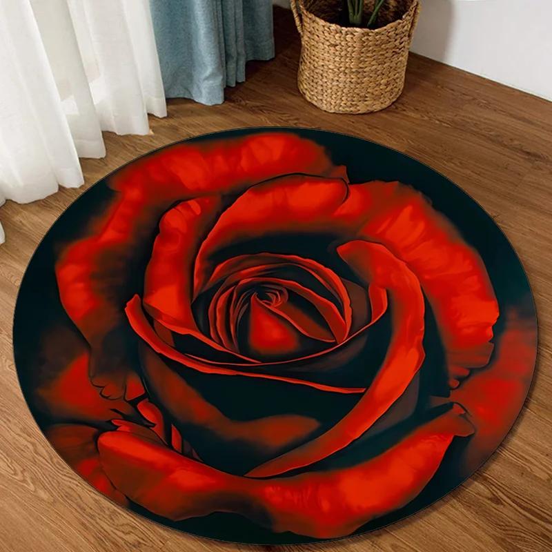 

Red Rose Round Rug, Machine Washable, Non-slip, Stain Resistant, Indoor/Outdoor Mat, Chair Pad, Bedroom, Laundry Room Decor Diameter 60cm